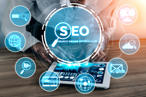 SEO - Search Engine Optimization for Online Marketing Concept. Modern graphic interface showing symbol of keyword research website promotion by optimize customer searching and analyze market strategy