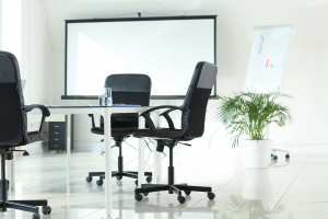 Chairs and a table in a meeting room in a corporate office building