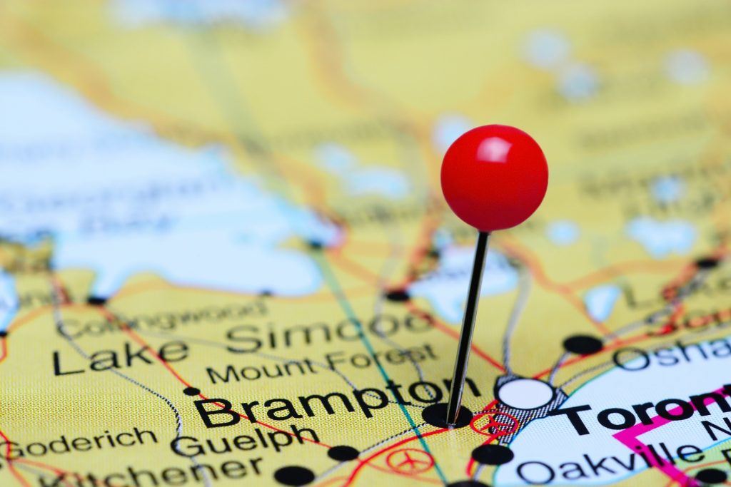 Map of the the greater Toronto Area with a pin on Brampton