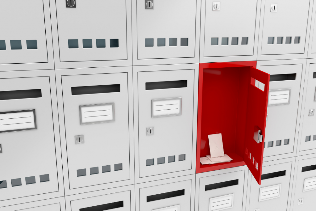 Rows of mailboxes with one opened with letter mail inside