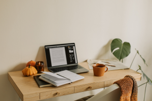 home office set up with a small workspace with a notebook and laptop open on top of a table